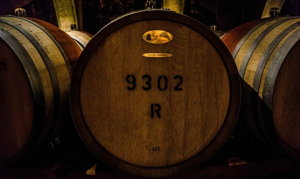 Wooden barrels at a craft brewery