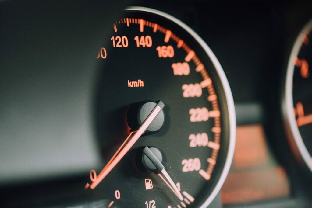 Close-up of a speedometer in a car