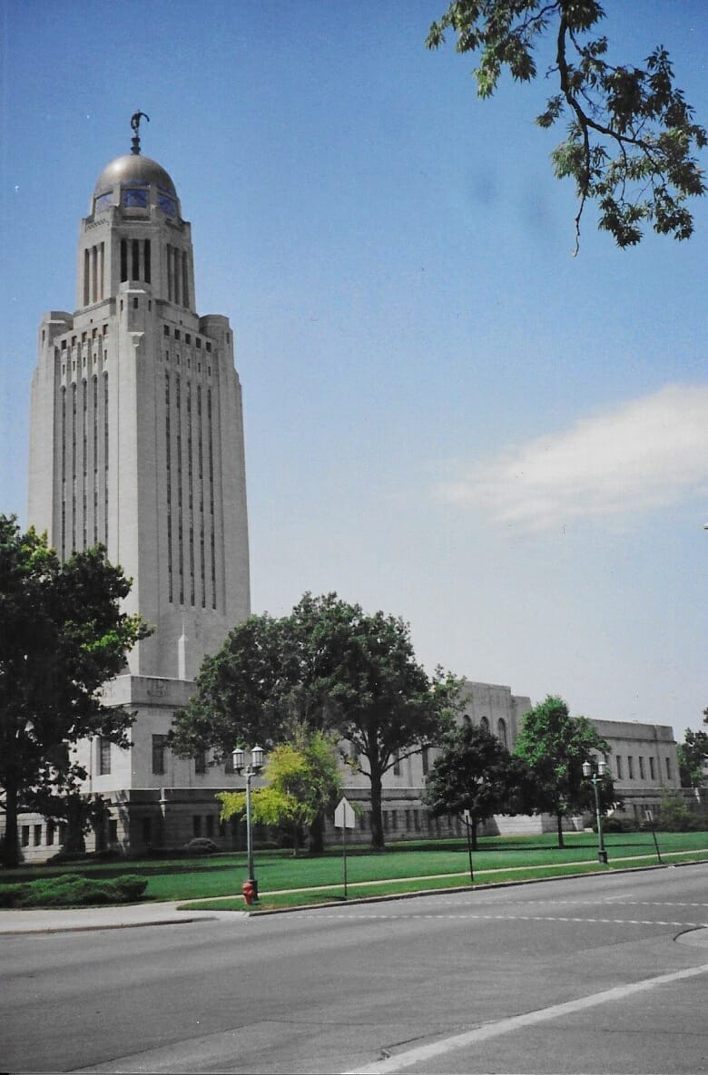 Exterior view of the Nebraska State Capitol in Lincoln NE