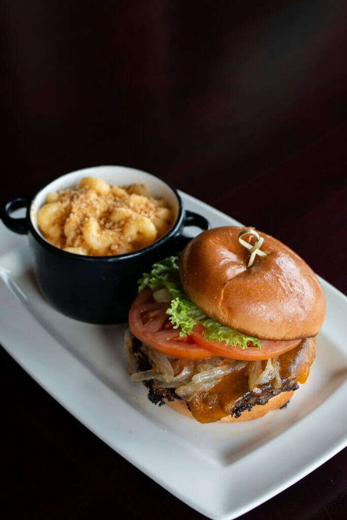 A burger with a side of mac 'n cheese from Black Woods Bar and Grill in Duluth, Minnesota