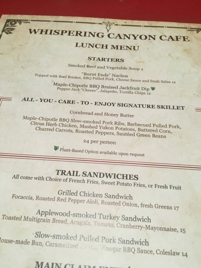 whispering canyon cafe menu