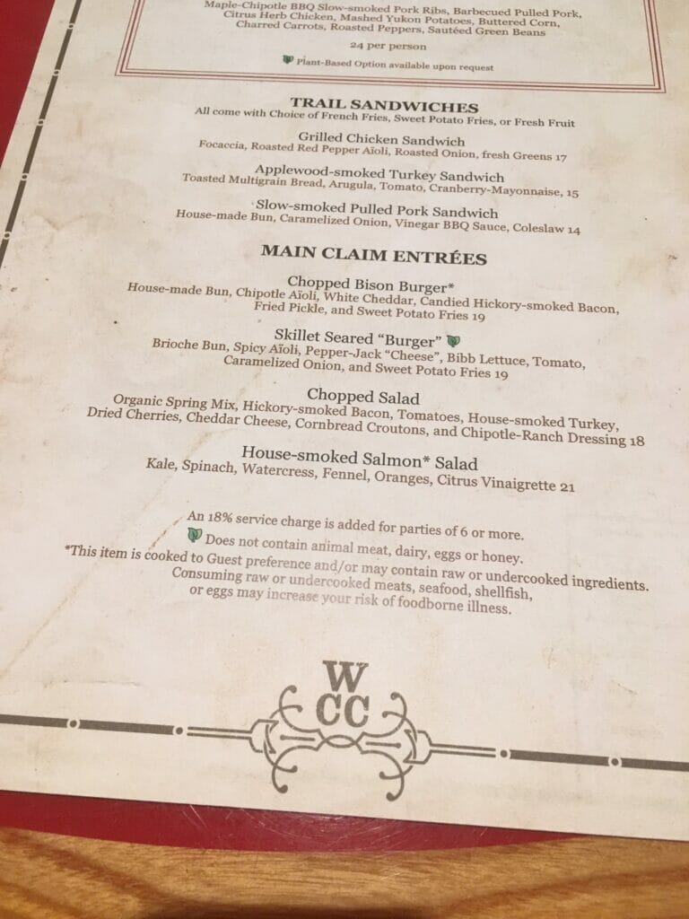menu at whispering canyon cafe