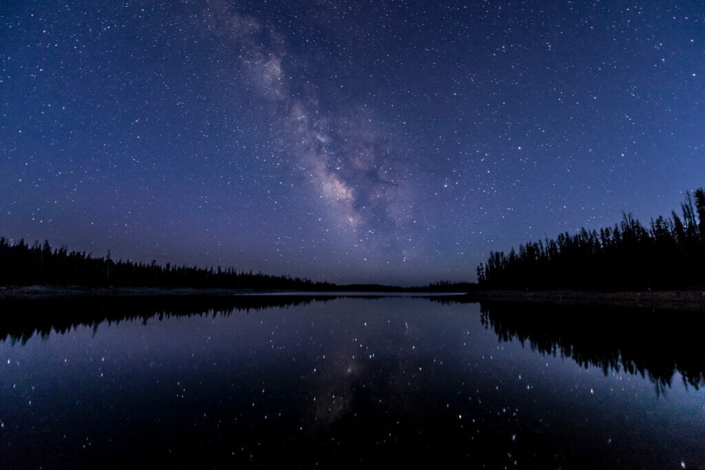 lake at night with stars