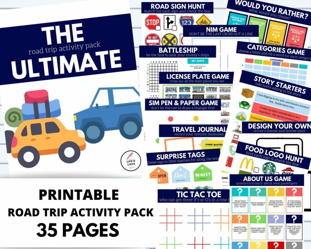 Promotional material for a printable road trip activity pack, showcasing some of the pages available in the product, like a license plate game and a travel journal.