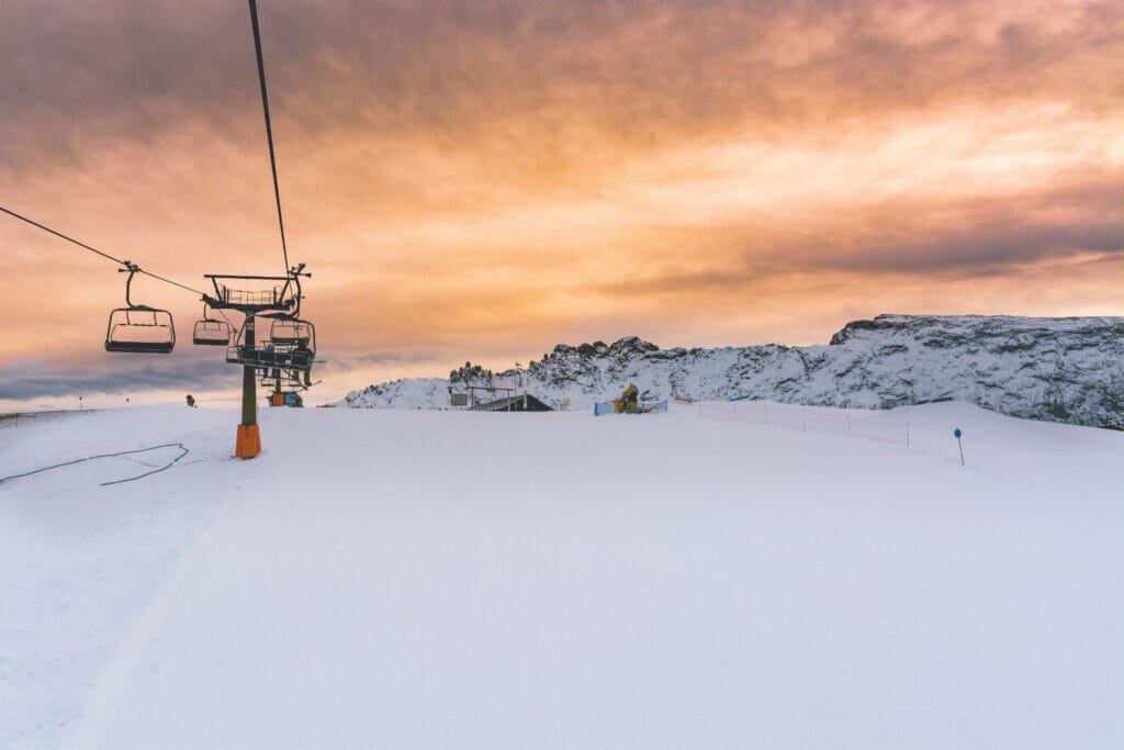 ski slopes at sunset