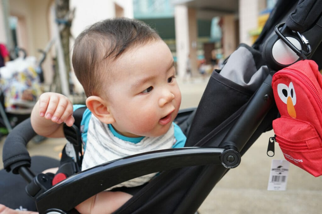 baby in stroller looking at elmo backpack