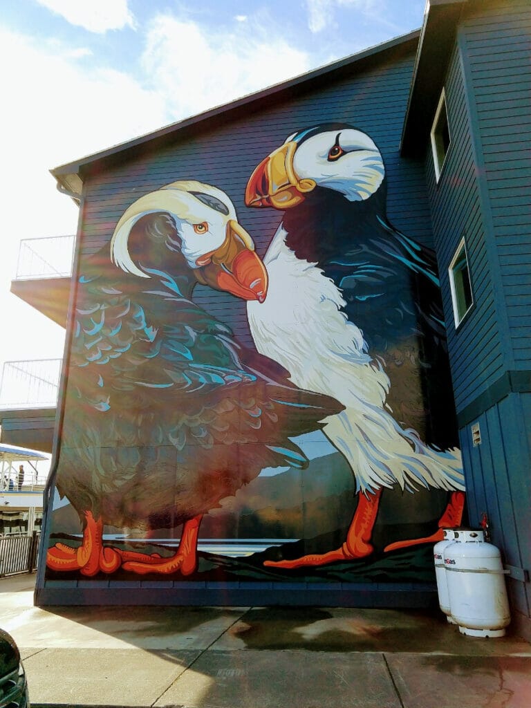 Aesthetically pleasing image of a puffin mural in Seward, Alaska