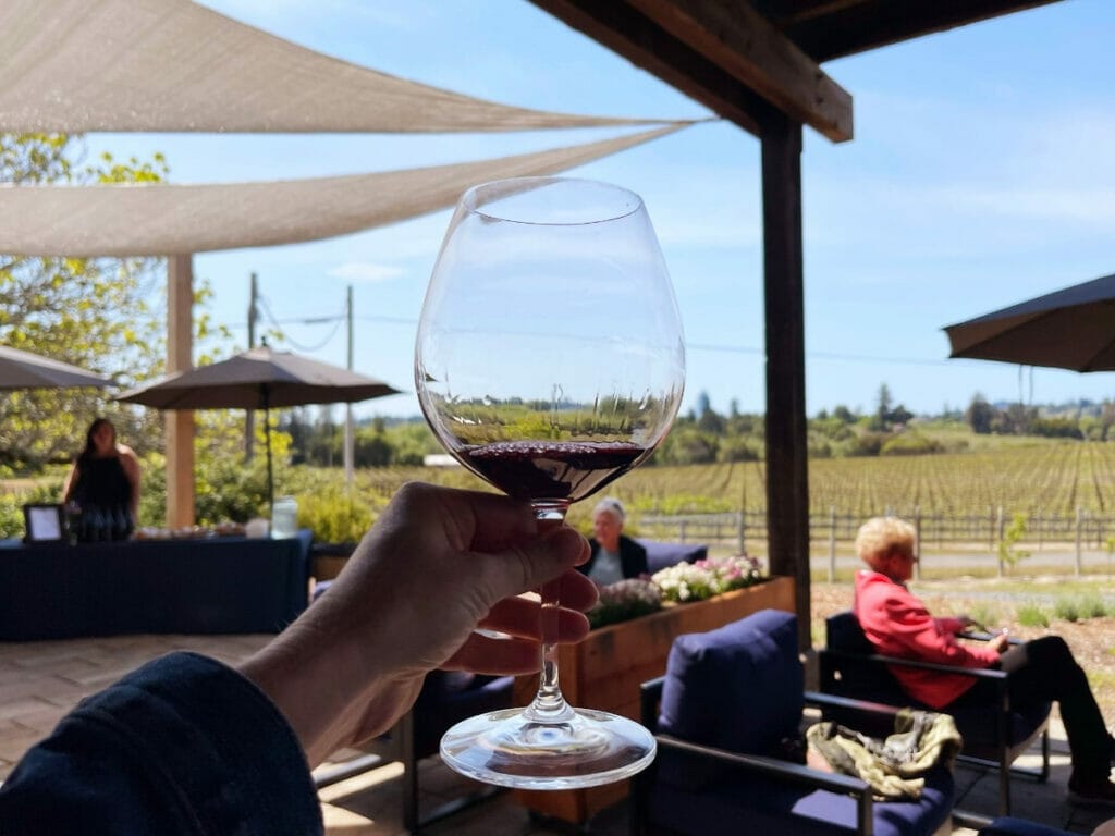 Aesthetically pleasing photo of a glass of pinot noir at a California vineyard 