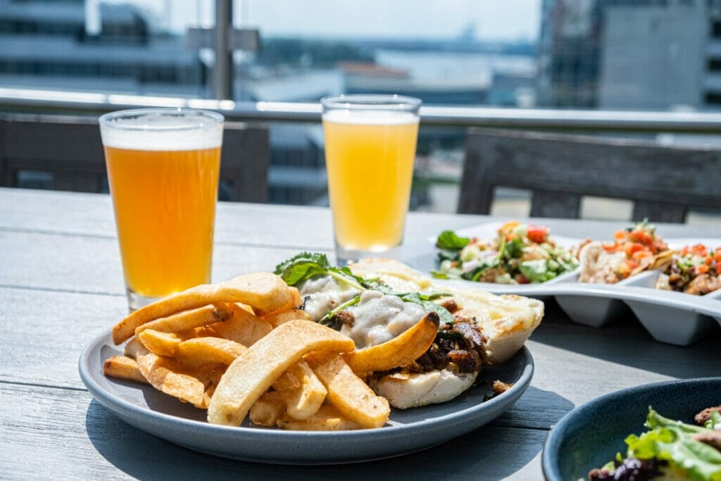 Burger, fries, and beer from Grain