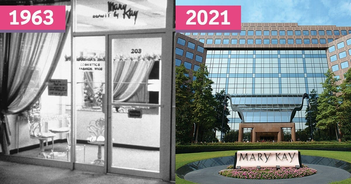 Side by side photos of the exterior of the Mary Kay buildings from 1963 and 2021, respectively.