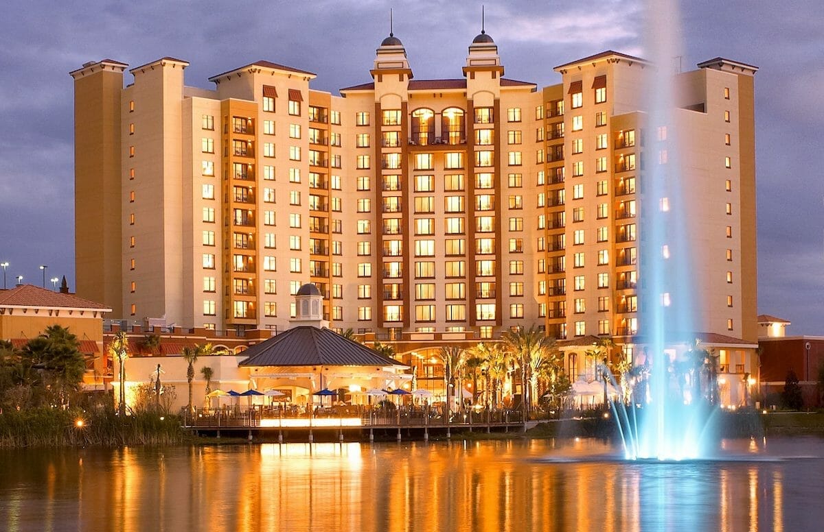 Exterior of the Wyndham Grand Orlando Resort Bonnet Creek at night.