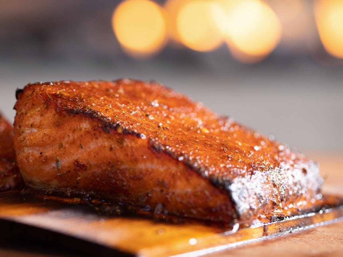 Close-up of a perfectly cooked salmon at King's Fish House in Henderson Nevada