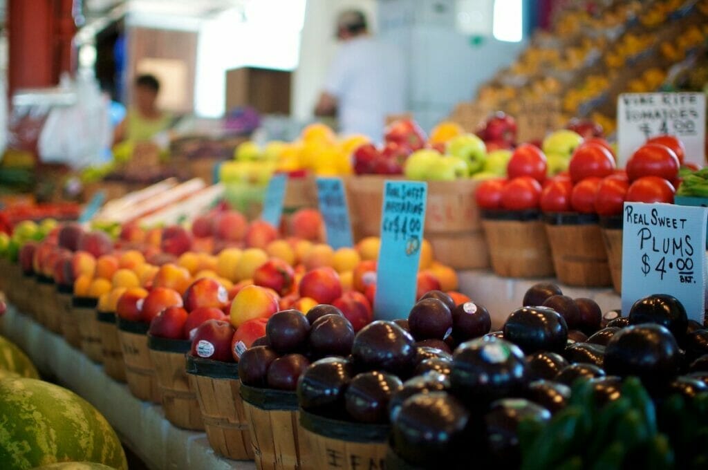 Baskets of fresh fruits at the Dallas Farmers Market