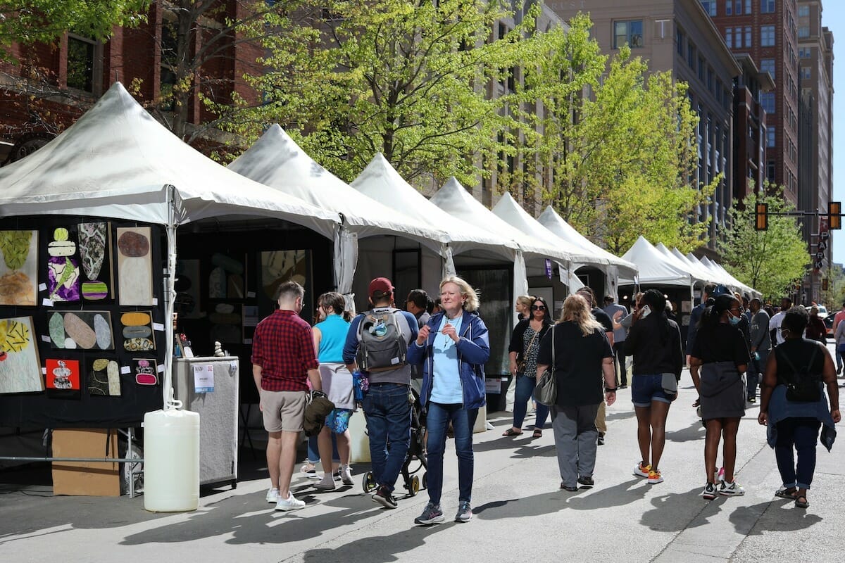 People by the vendor tents at the Main Street Fort Worth Arts Festival