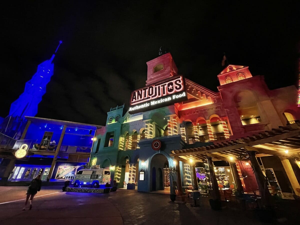 exterior of Antojitos Authentic Mexican Food Universal CityWalk at night
