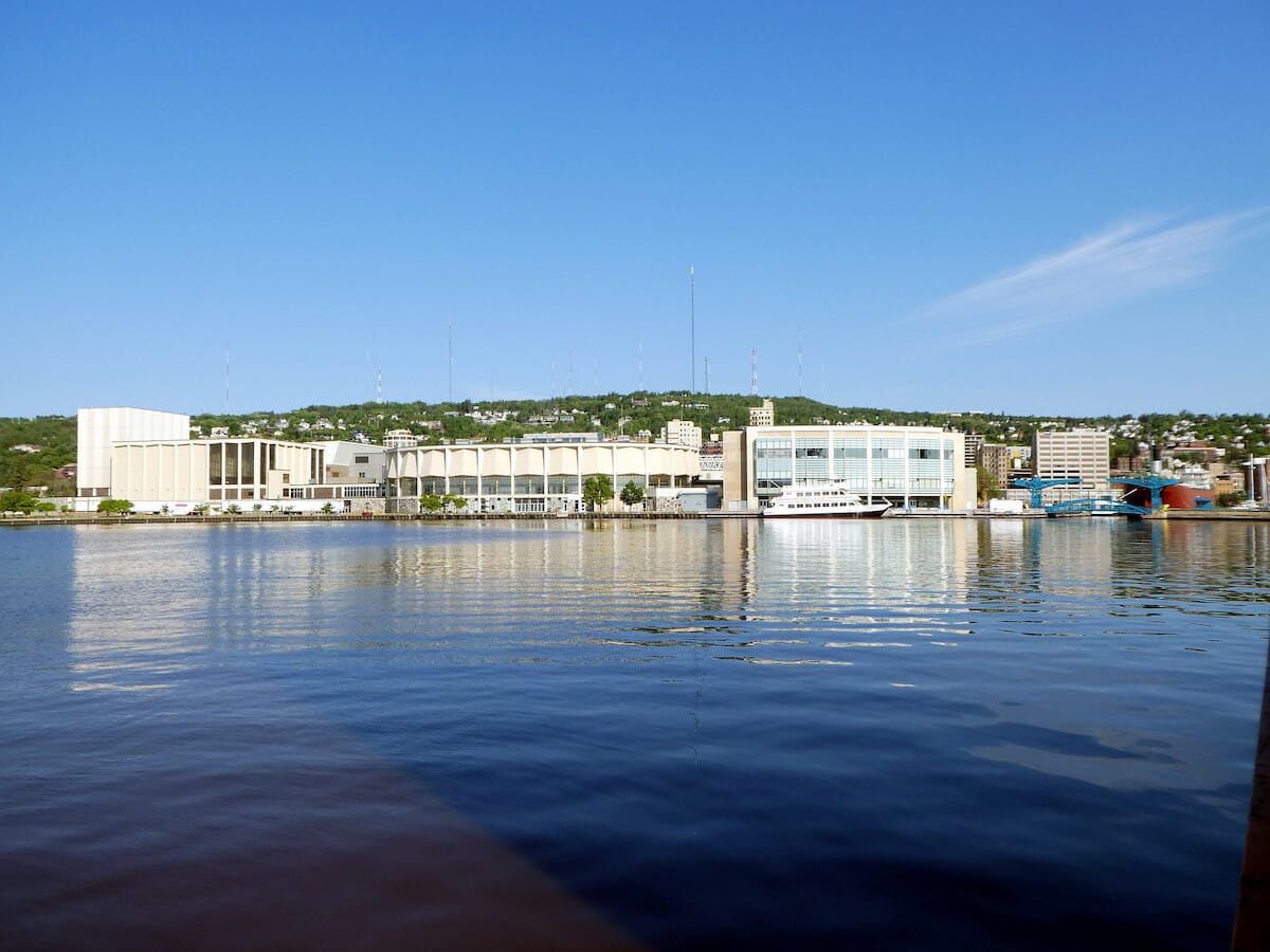 view of the Duluth Entertainment Convention Center from across the harbor