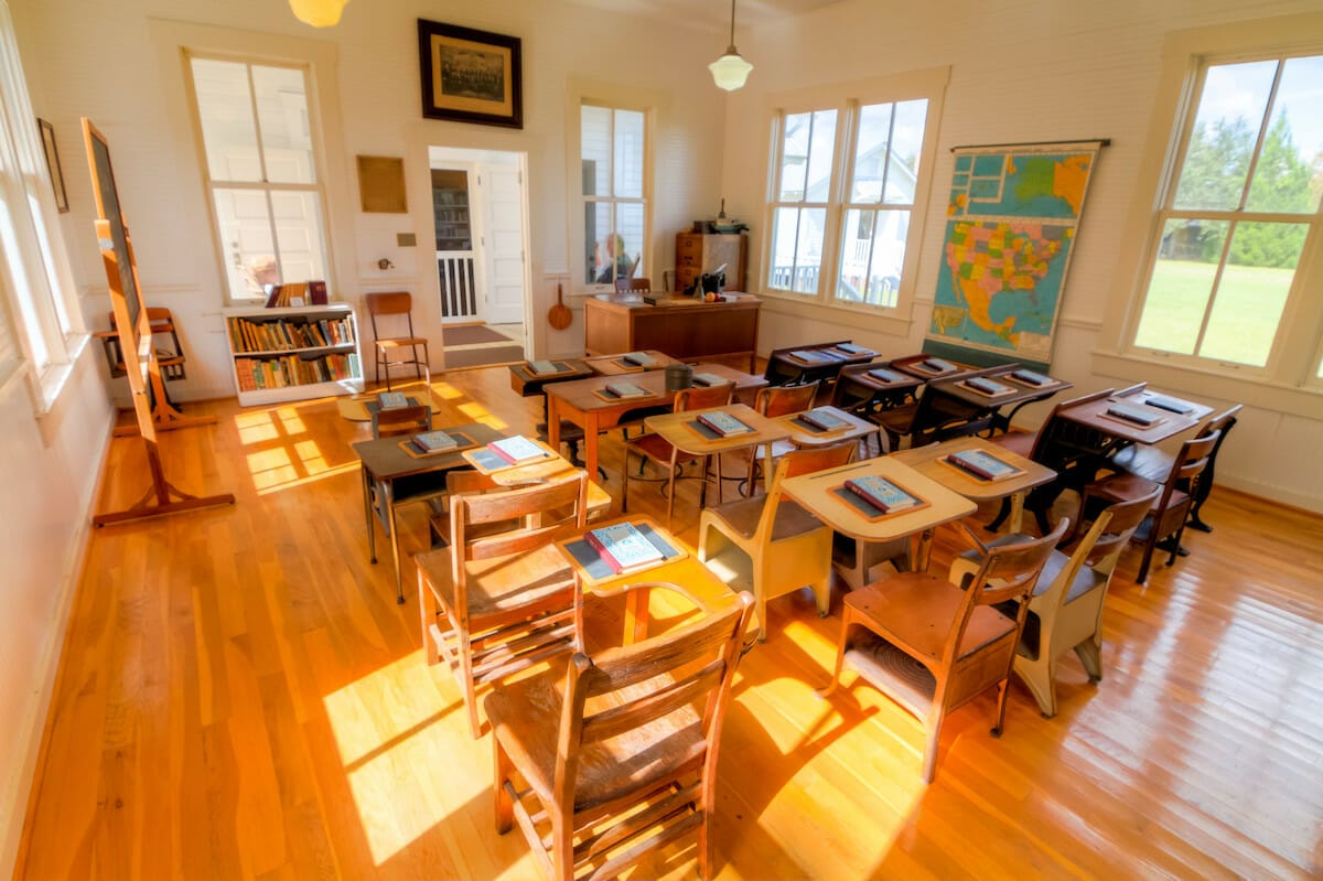 inside an old schoolhouse at Fort Christmas Historical Park