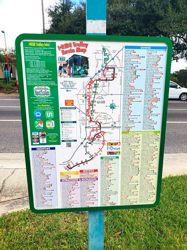 A street sign showing the routes of the I-Drive trolley, including lists of the dining, shopping, attractions, and other offerings along International Drive Orlando.