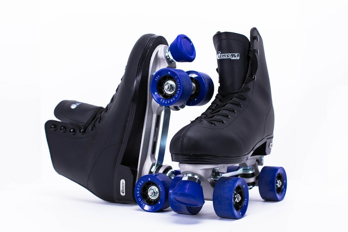 Black roller skates with blue wheels