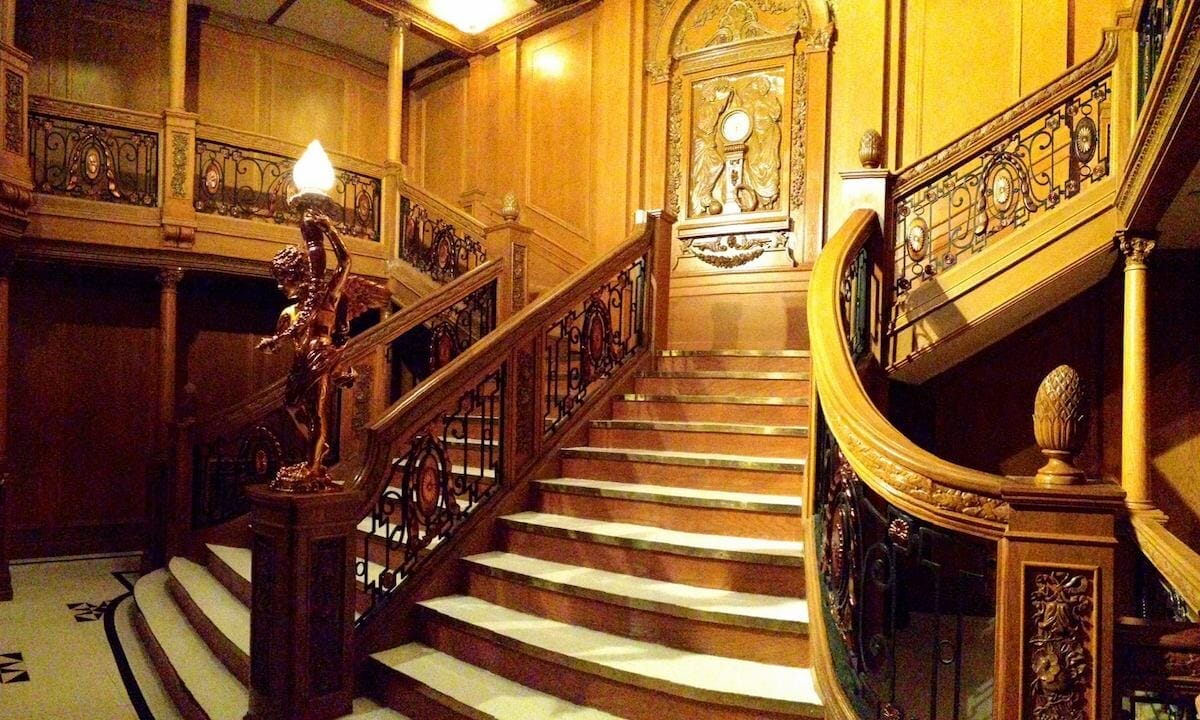 replica of the grand Titanic staircase at the Titanic Artifact Exhibition Orlando