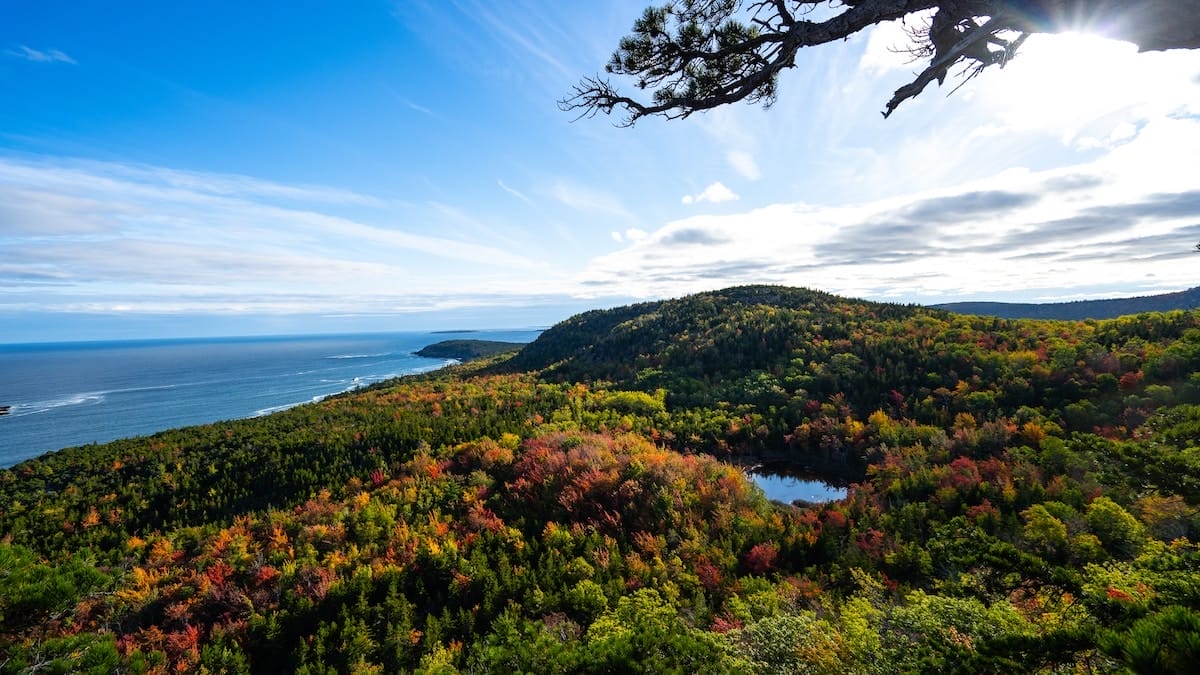 bird's eye view of the colorful mountains of Acadia National Park in Bar Harbor, Maine, one of the most beautiful places in America