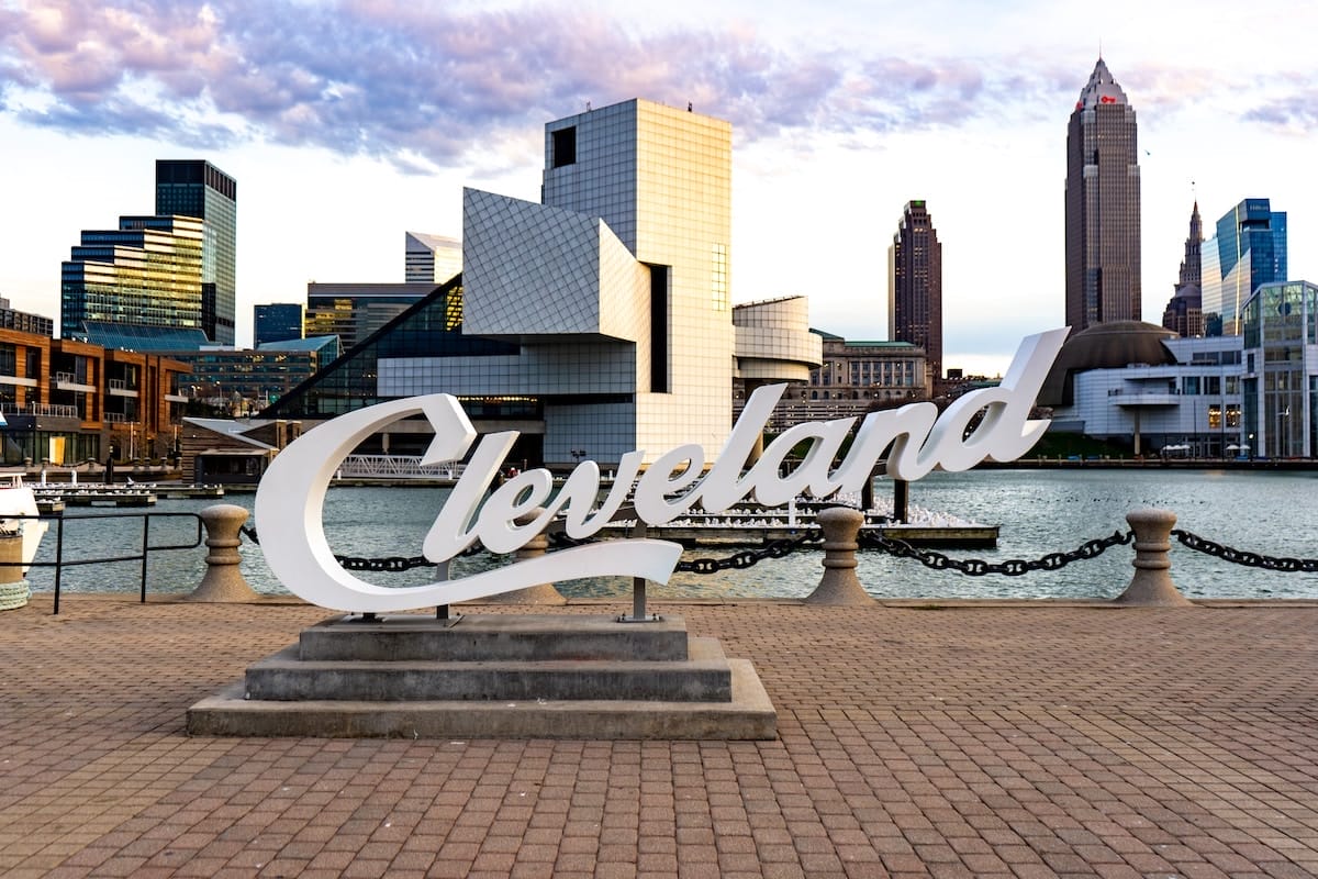 Cleveland sign on the docks in downtown Cleveland Ohio