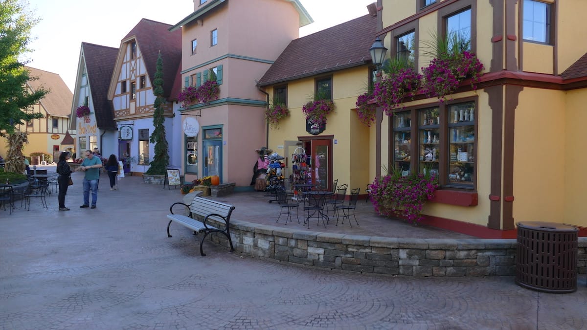 a colorful, quaint Bavarian-style shopping center in Frankenmuth, Michigan