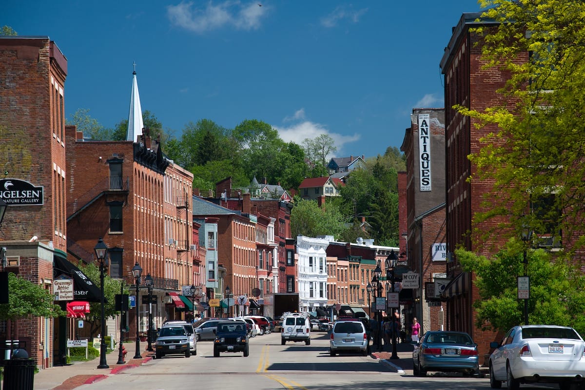Historic buildings in downtown Galena Illinois, featuring an antique shop, a gallery, and more