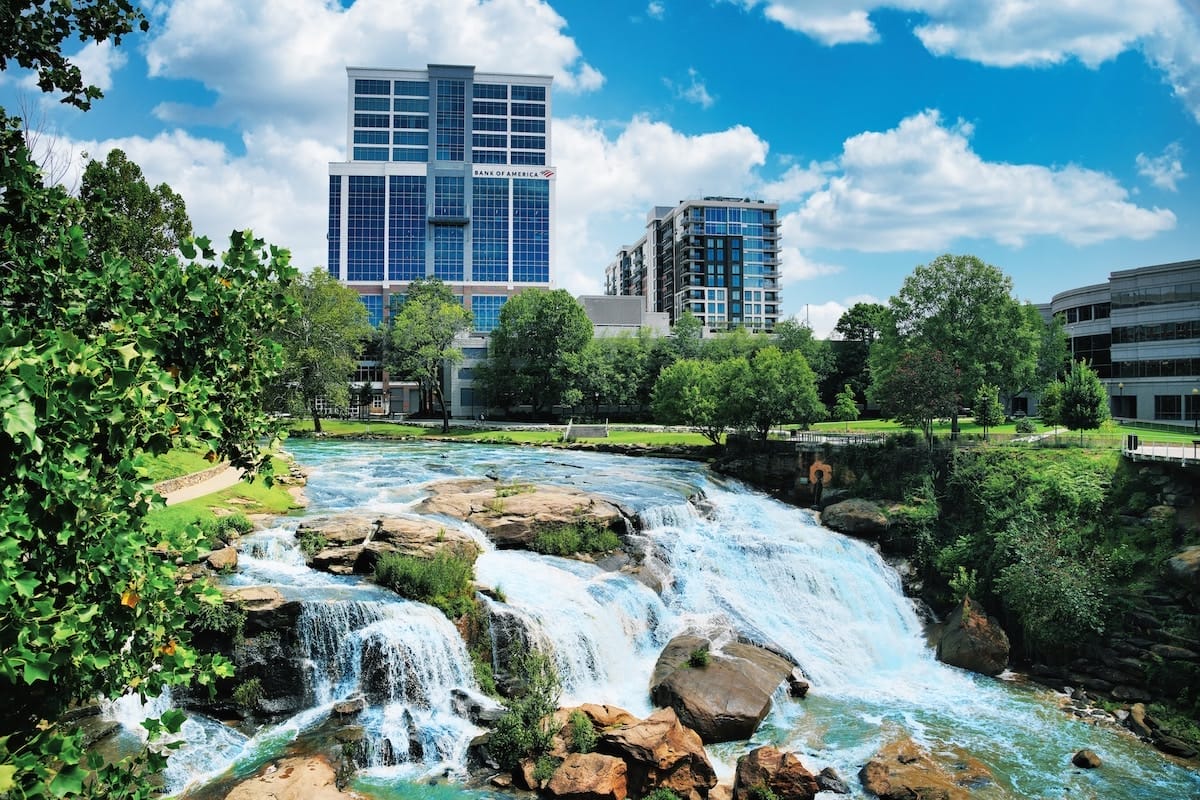 view of waterfall in Falls Park on the Reedy in downtown Greenville South Carolina