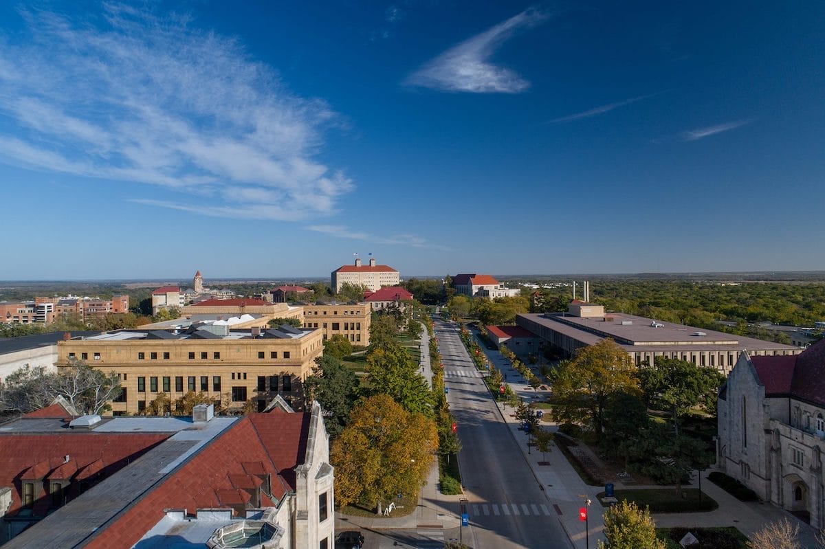 Bird's eye view of Lawrence, KS, over the KU campus