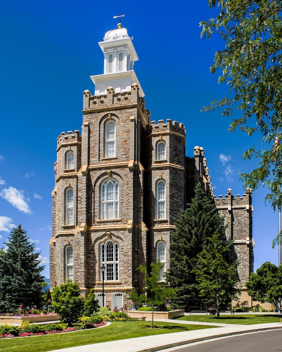 medieval castle-like architecture of the Logan Utah Temple in Logan, Utah