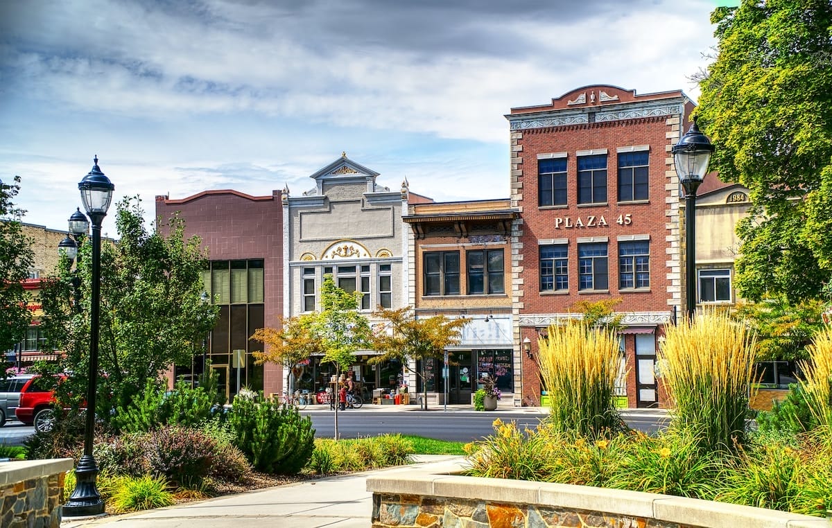 colorful brick buildings along Main Street in Logan, Utah