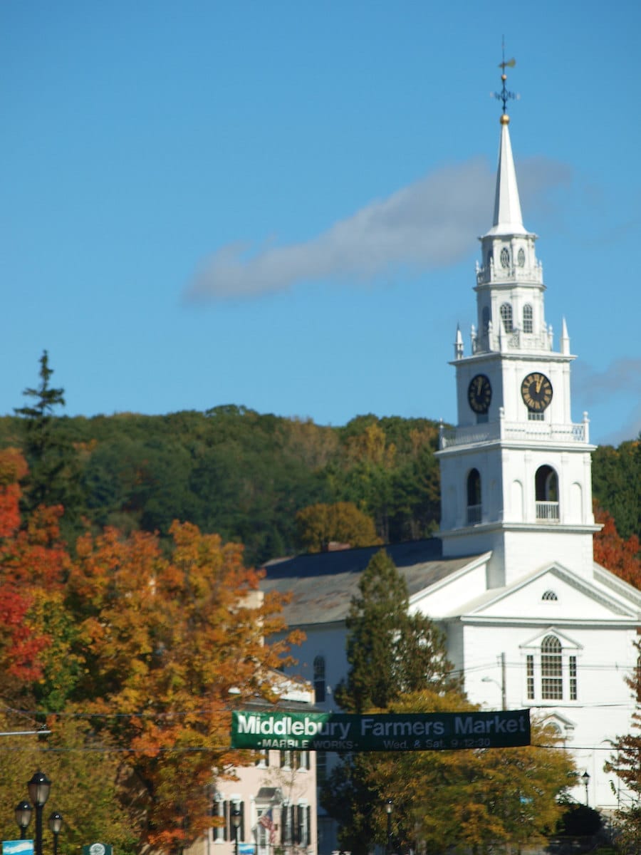 view of a white chapel in downtown Middlebury Vermont
