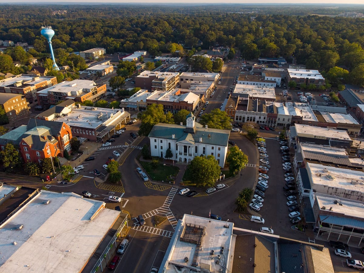 bird's eye view of Oxford Square in Oxford Mississippi