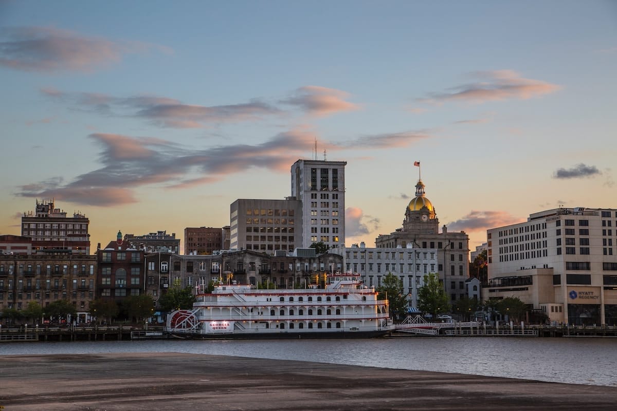 view of downtown Savannah Georgia from the waterfront