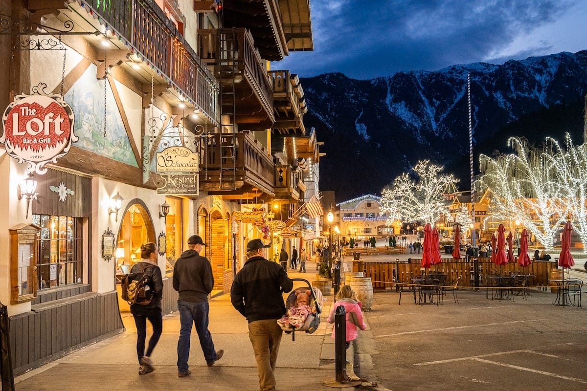 Bavarian-themed village in Leavenworth Washington at Christmas