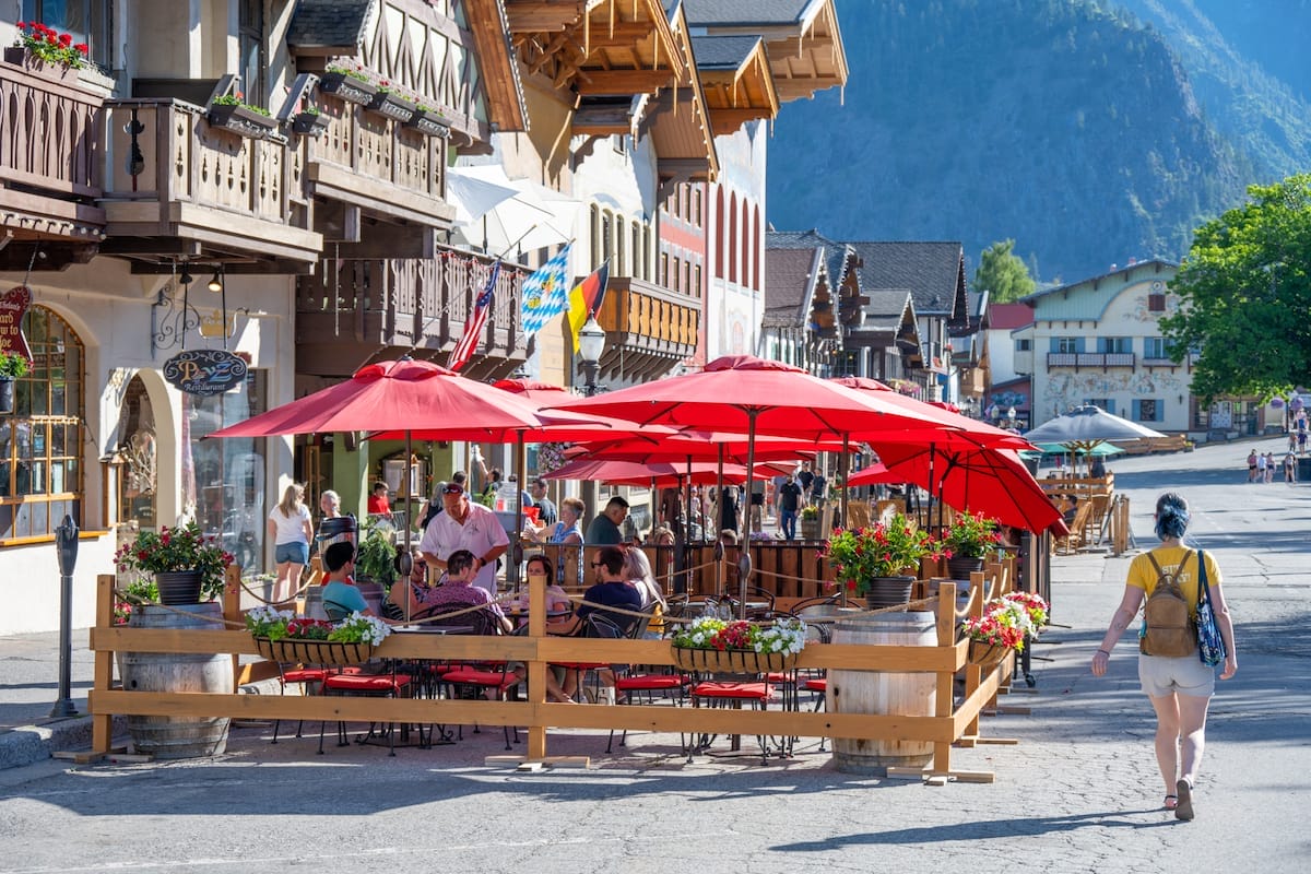 Bavarian-themed shops and eateries in downtown Leavenworth, Washington, one of the most beautiful places in America
