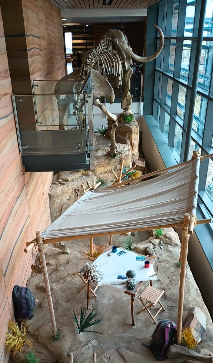 a mammoth skeleton and fake campsite display in the museum at the Southeast Wyoming Welcome Center