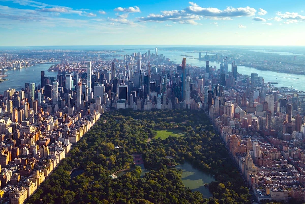 aerial view of the island of Manhattan including Central Park, one of the most beautiful places in America