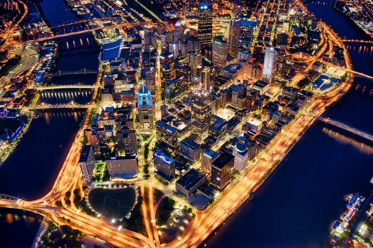 aerial view of Pittsburgh at night