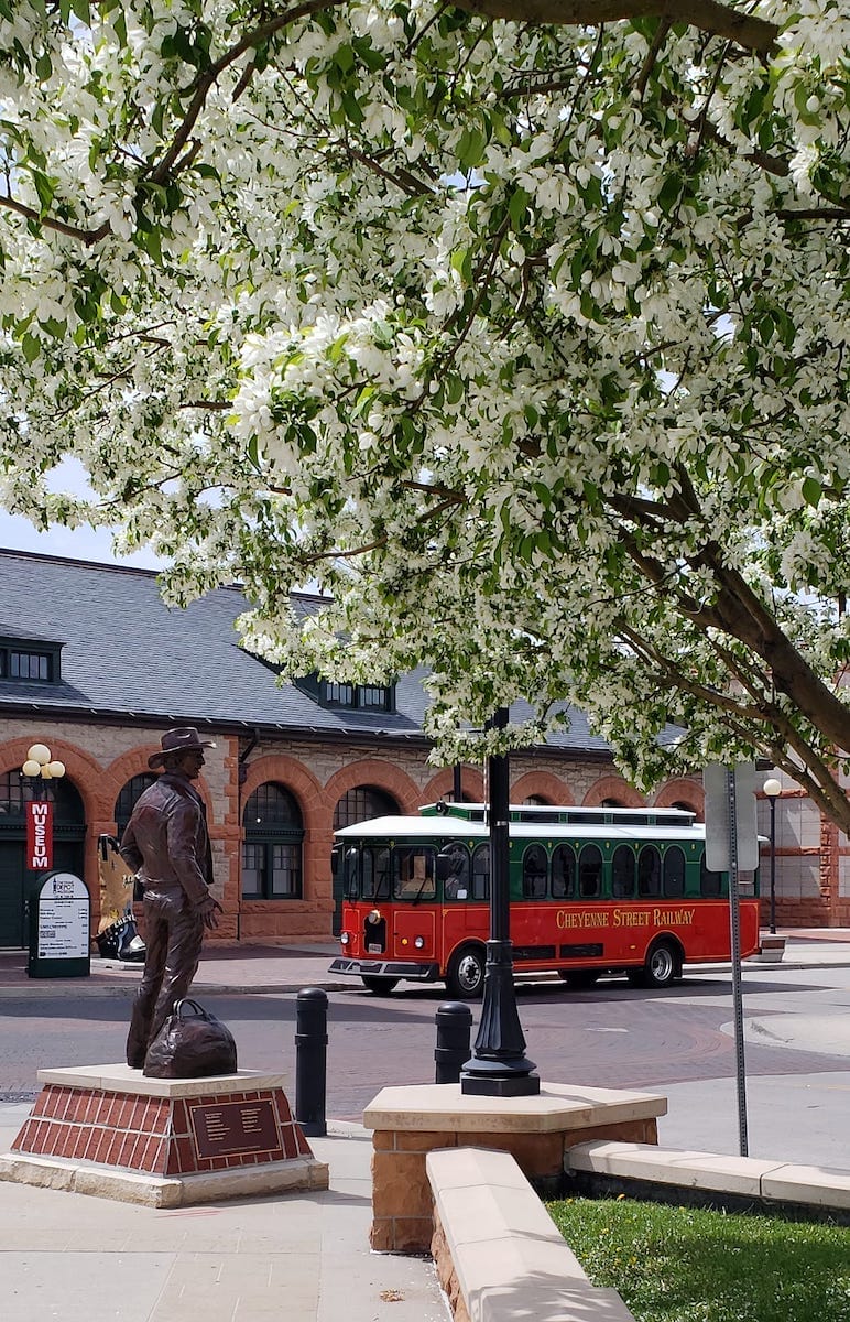 the Cheyenne Street Railway Trolley in front of the historic Cheyenne Depot on a spring day